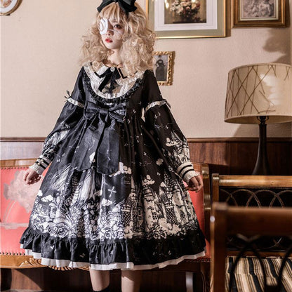 Y2K Gothic Print Bow Ruffle Doll Collar Lolita Dress