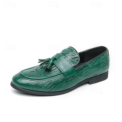 Crocodile Leather Faux with Green Loafers Men's Embossed