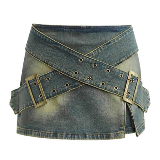 Y2K Double Buckle Denim Mini Skirt