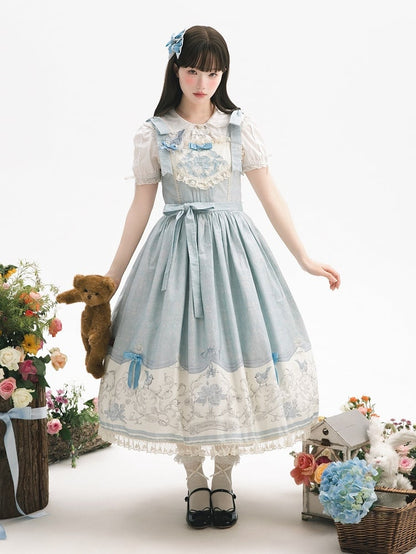 Blue Jumper Floral and Titmouse Print Skirt Lolita