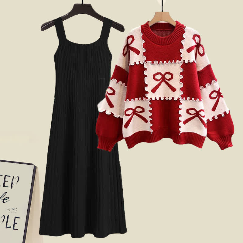 Red Bow Knot Print Colorblock Sweater Slip Dress Set