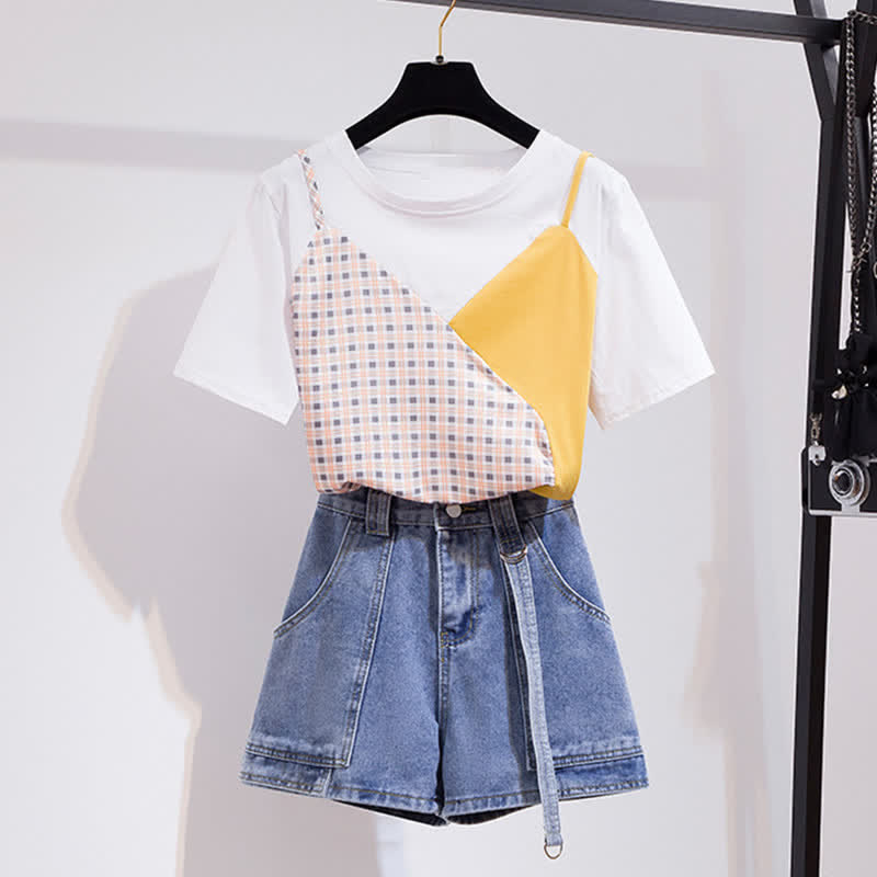 Chic Colorblock Round Collar T-Shirt Pocketed Denim Shorts modakawa