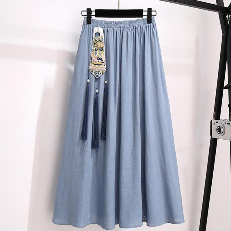 Vintage Hanfu Embroidery Buckle Shirt Tassel Skirt