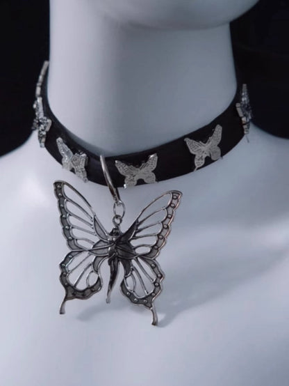 Handmade Metal Butterfly Pendant Black Choker