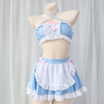 Sweet Blue Lace Up Ruffled Maid Skirt Lingerie Stockings Set