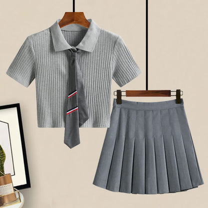 Tie Polo T-Shirt Crop Top Pleated Skirt Set