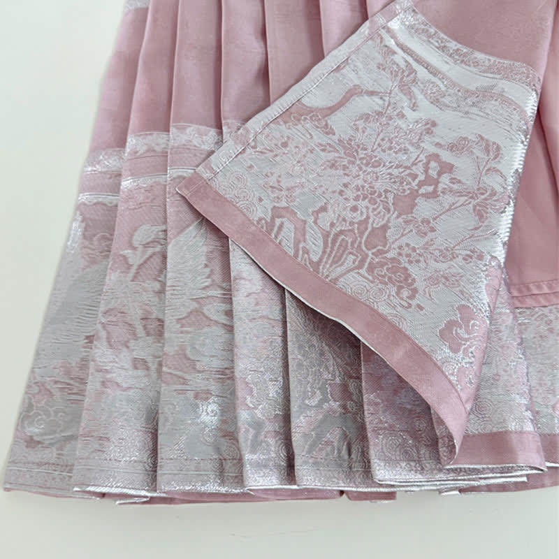 Vintage Hanfu Buckle Shirt Pink Crane Embroidery Pleated Skirt