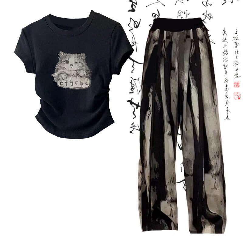 Cartoon Cat Print T-Shirt Wash Painting Print Loose Pants