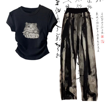 Cartoon Cat Print T-Shirt Wash Painting Print Loose Pants