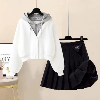 Casual Pocket Hoodie Pleated Skirt Set