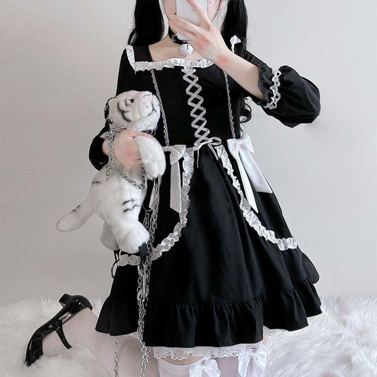 Black Lace Up Lolita Bow-Knot Maid Dress