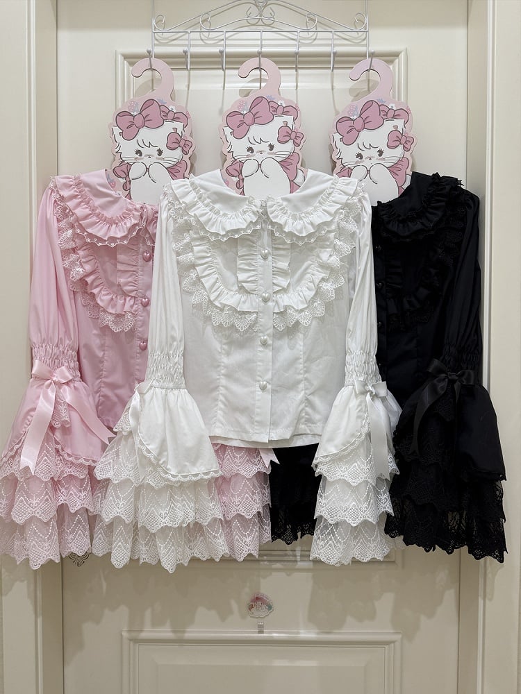Bunny White Sleeves Ears Collar Long Black Pink / Shirt