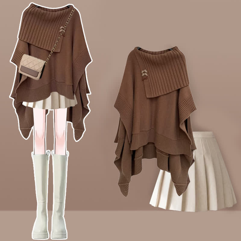 Irregular Off  Shoulder Loose Cloak Sweater Pleated Skirt