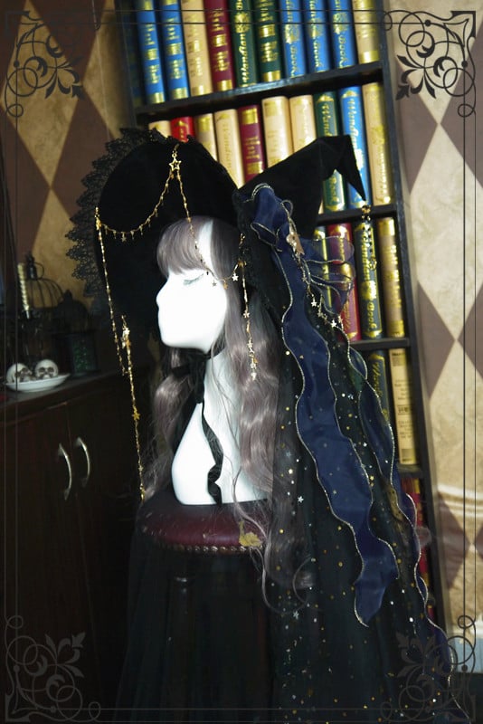 Halloween Dark Fancy Shiny Veil and Stars Chain Witch Hat