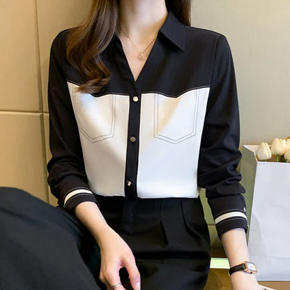 Elegant Colorblock Chiffon Shirt Workwear