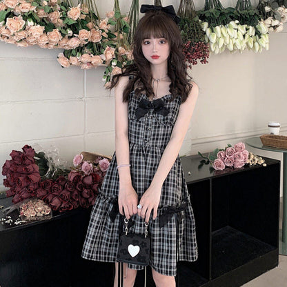 Sweet Lattice Print Bow Knot Slip Dress