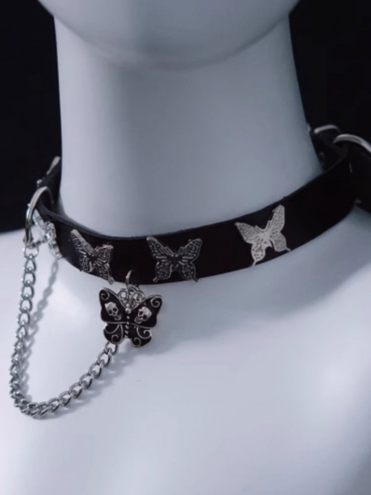 Skull Butterfly Pendant Black Choker with Chain