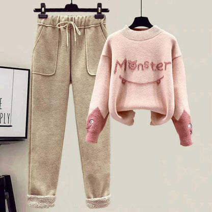 Monster Letter Sweater Fleece Vest Casual Pants Set