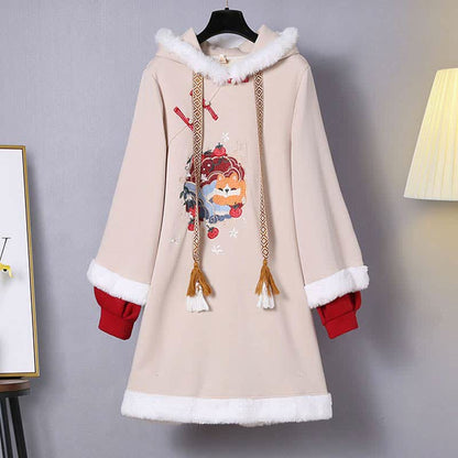 Vintage Fox Embroidery Buckle Plush Hooded Sweatshirt Dress