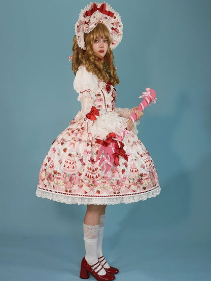 / Sweet Set Desserts Strawberry White Lolita JSK Print Bow and Full Accents