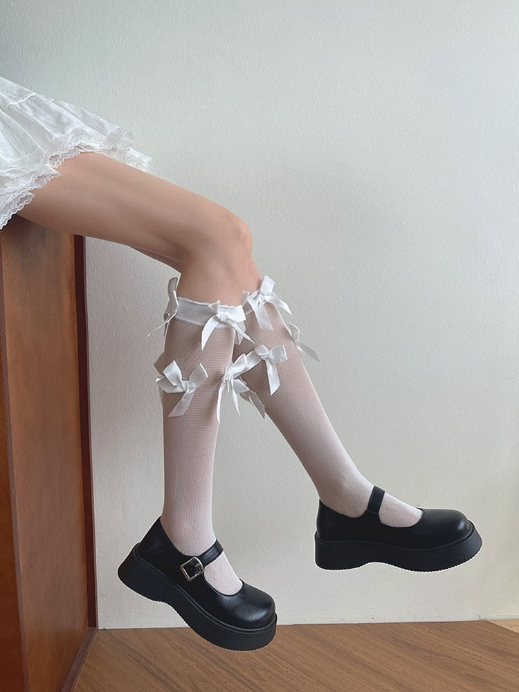 Bowknot Details Stockings Underknee Semi-sheer White/Black