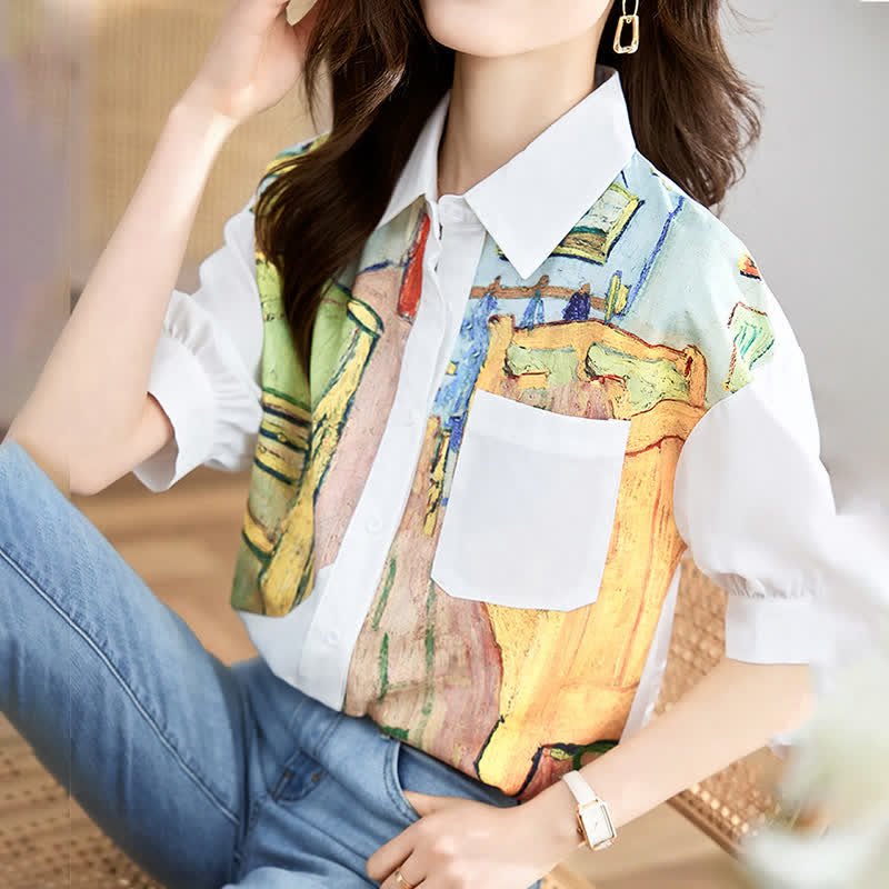 Colorblock Painting Print Pocket Lapel Shirt