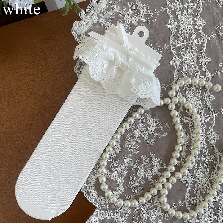 Black/White/Apricot Bowknot Hollow-out Socks Details Trim Lace