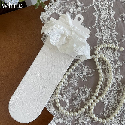 Black/White/Apricot Bowknot Hollow-out Socks Details Trim Lace