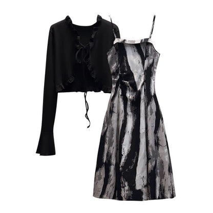 Elegant Black Short Cardigan Ink Painting Print Slip Dress