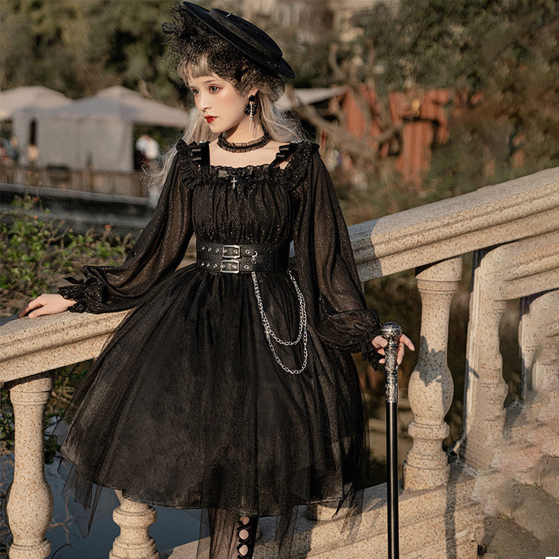 Black Chain Belt Long Sleeve Slip Lolita Dress