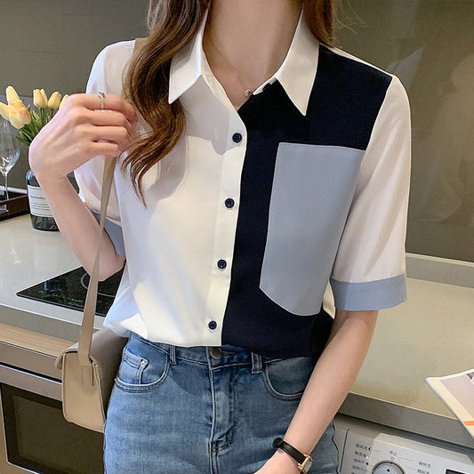 Vintage Pocket Colorblock Blouse Shirt