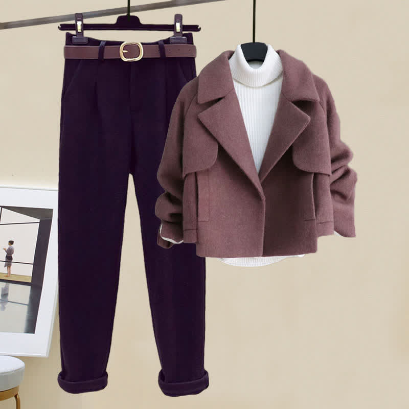 Pure Color Coat Turtleneck Sweater Loose Pants