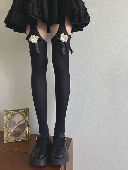 Suspender Bowknot Camellia Tights Black/White
