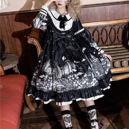 Y2K Gothic Print Bow Ruffle Doll Collar Lolita Dress