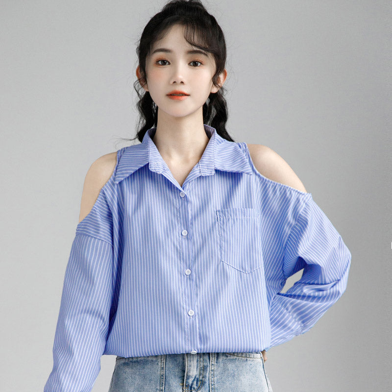 Chic Blue Striped Hollow Out Lapel Shirt