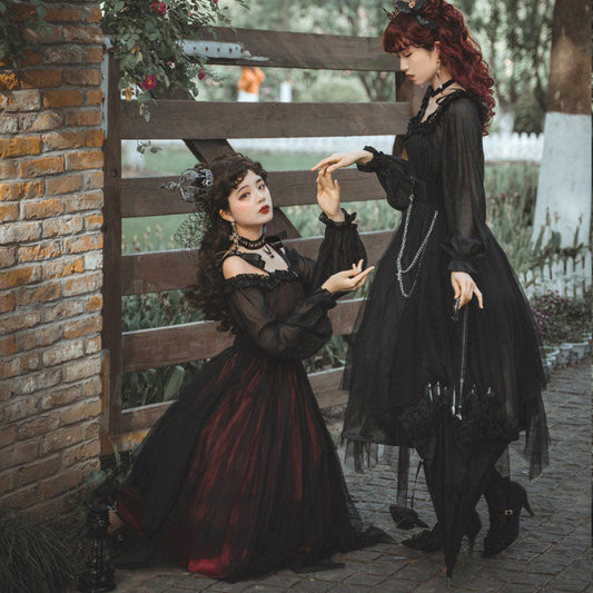 Black Chain Belt Long Sleeve Slip Lolita Dress