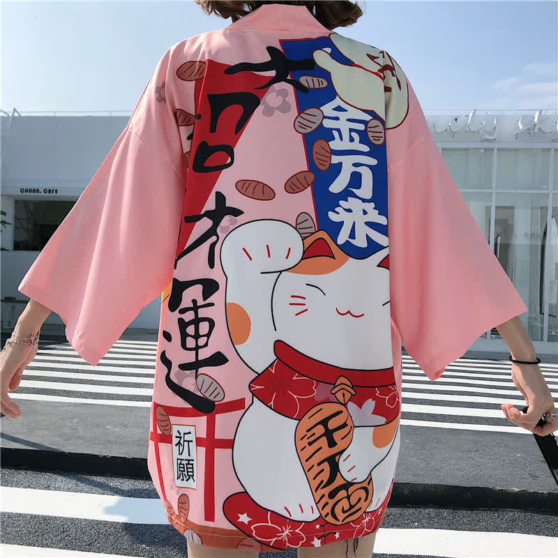 Cardigan imprimé lettre Lucky Cat Kimono Vêtements d'extérieur