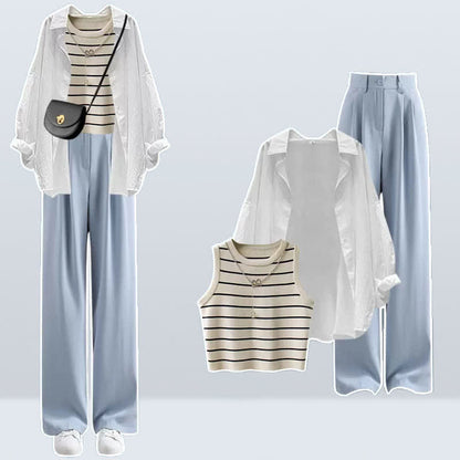 Chic Stripe Cami Top Long Sleeve Shirt High Waist Casual Pants