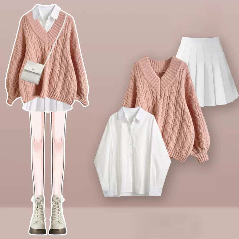 V-neck Cable Sweater Lapel Shirt Pleated Skirt Set