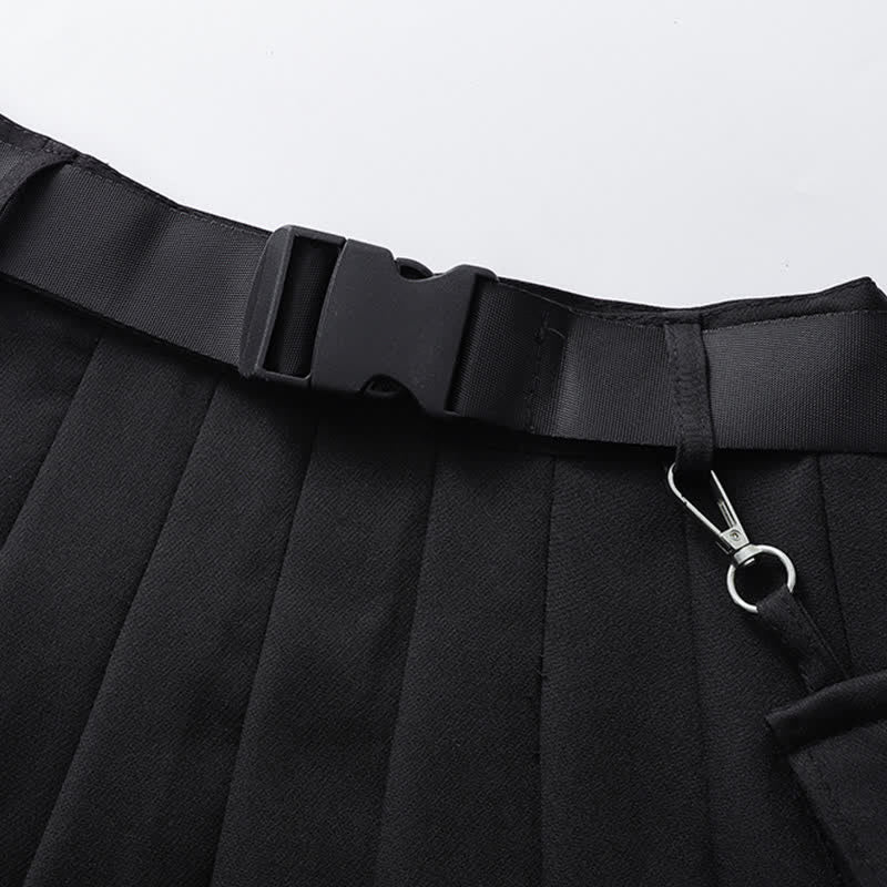 Black Cool Buckle Strap Zipper Crop Top Belted Pleated Skirt