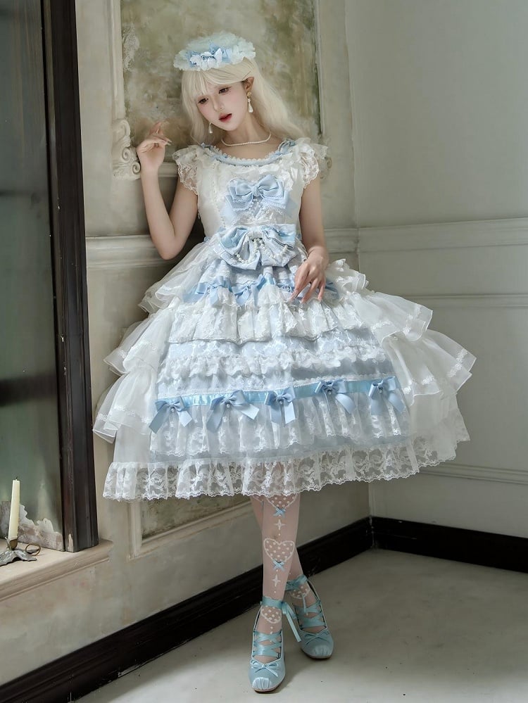 Dress JSK Decoration Hanayome Lolita Set Full Hime Skirt Tiered and White Blue Bows