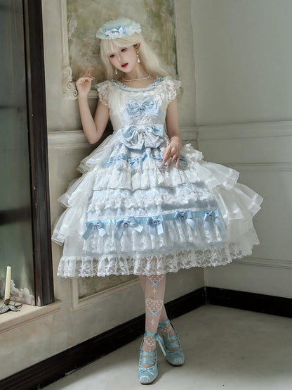 Dress JSK Decoration Hanayome Lolita Set Full Hime Skirt Tiered and White Blue Bows