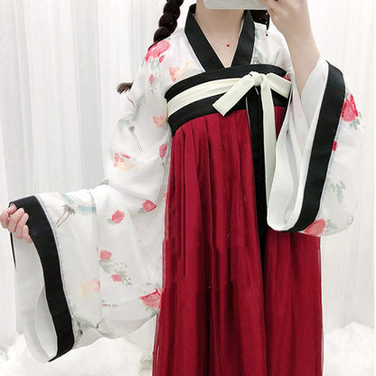 Elegant V-Neck Floral Print Top Skirt Kimono Set