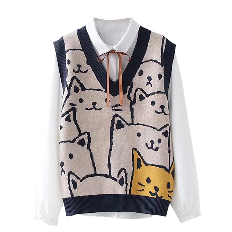 Cute Kitty Print Vest Lace Up Shirt Set