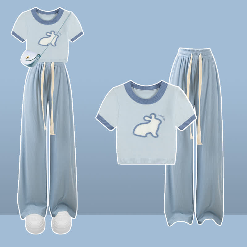 Blue Rabbit Pattern Knit T-Shirt Cargo Pants