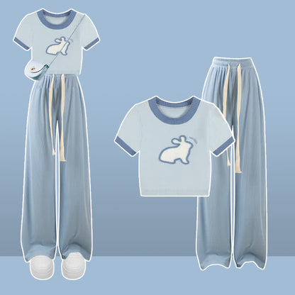 Blue Rabbit Pattern Knit T-Shirt Cargo Pants