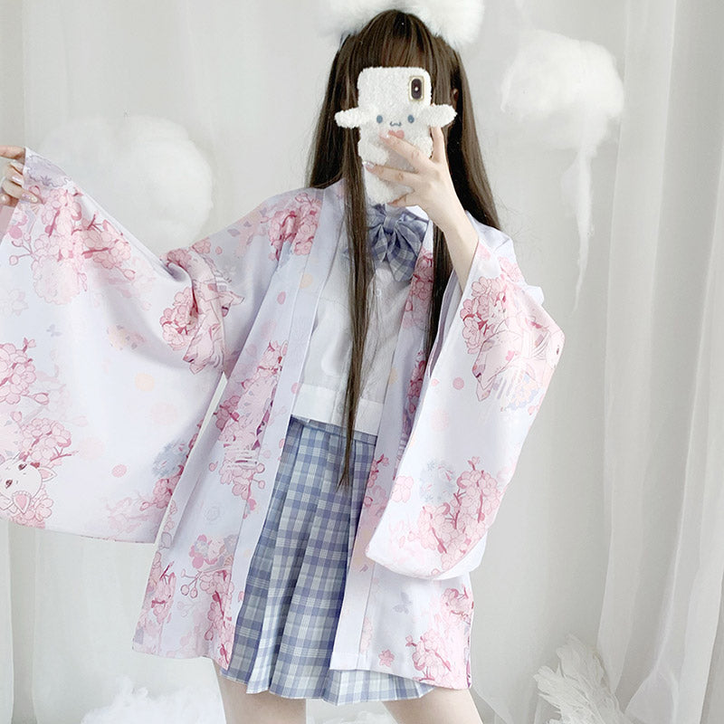 Cat Sakura Print Loose Cardigan Kimono Outerwear