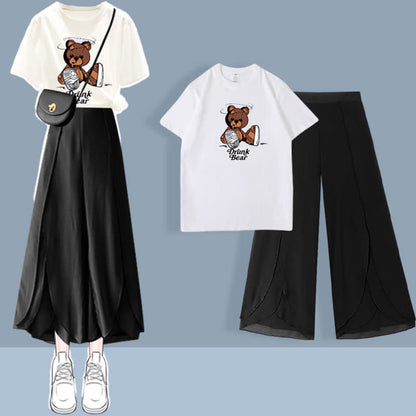 Chic Printed T-Shirt Chiffon Split Pants Set