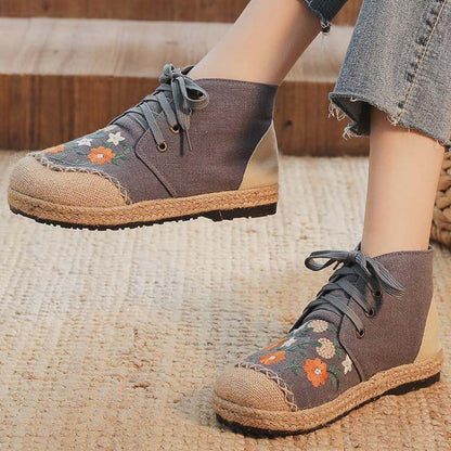 Elegant Embroidery Floral Lace up Canvas Boots