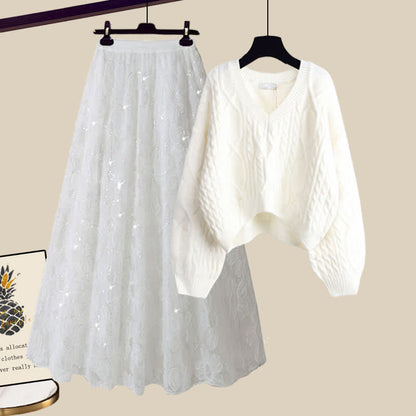 Chic Cable Knit Sweater Flower Pattern Tulle Skirt